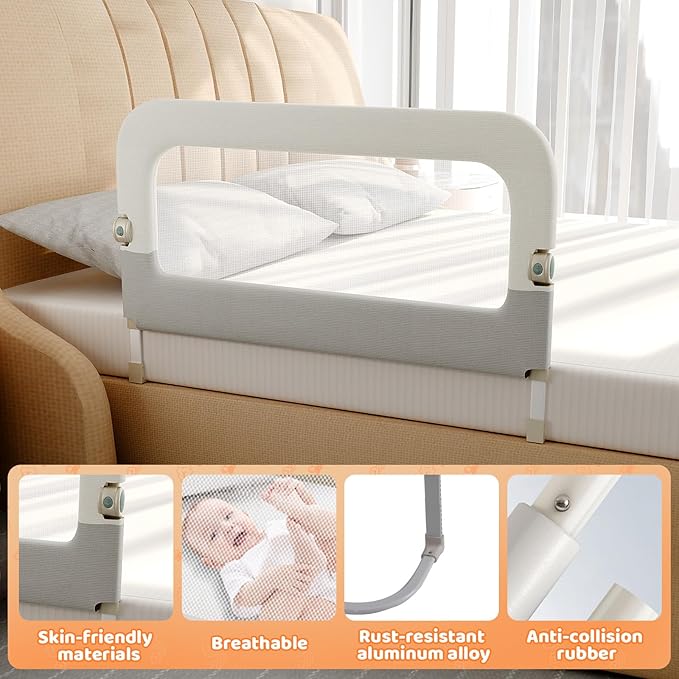 Large Bed Guard Rail for Toddlers - 59inch Foldable & Adjustable Heights Baby Bed Safety Railing - Toddler Long Bed Rails Guard for Twin, Bunk, Queen & King, Full Size Bed