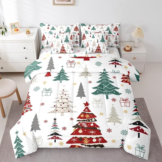 Erosebridal Christmas Bed in A Bag 7 Pcs Colorful Christmas Tree Comforter Set for Women Men Xmas Tree Snowflake Bedding Sets King Winter Xmas Ornaments Gift Sheet Set with Comforter