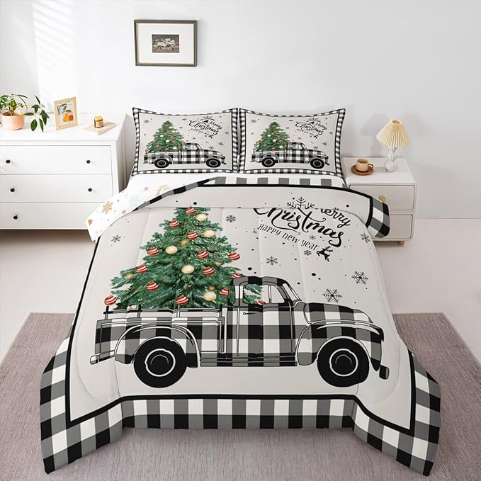 Christmas Truck Kids Comforter Set Queen Size,Snowflake Pines Trees Rustic Bedding,Girls Boys Adults Bedroom/Xmas Cabin Decor,Geometric Grids Lattice Down Comforter,Retro Duvet Insert,2 Pillowcases