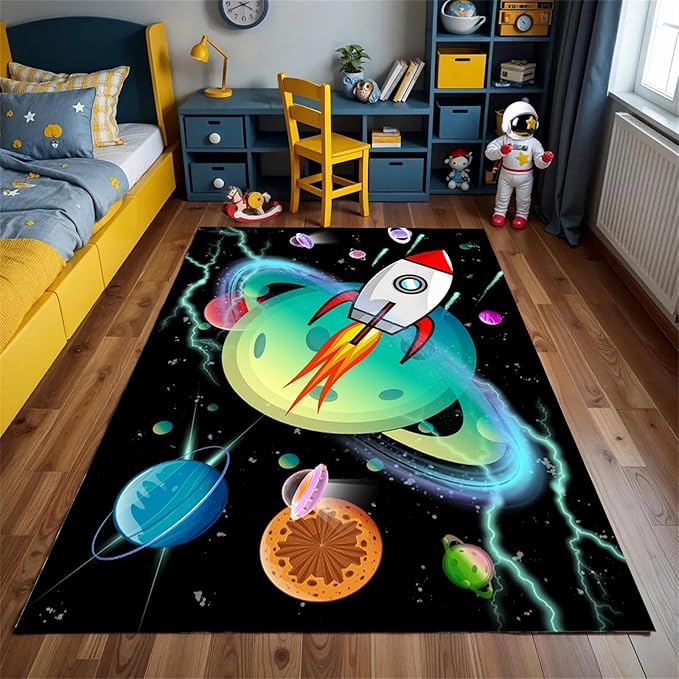 Outer Space Kids Area Rug,4x5ft,Kids Playroom Crawling Mat, Machine Washable, Non-Slip Carpet with Cartoon Planets and Rocket Design, Suitable for Boys' Bedroom, Class, Nursery Decorative Rug