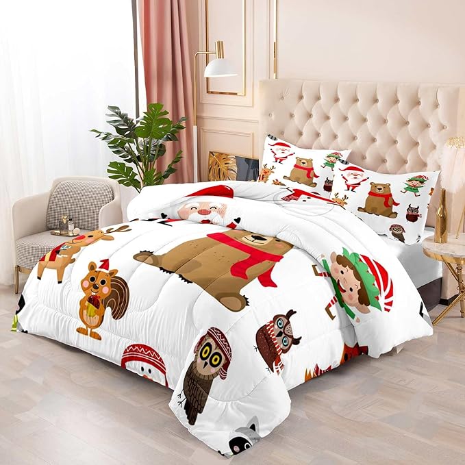 LUVIVIHOME 3PCS Merry Christmas Comforter Set Full Size, Boys Girls Kids Bedding, White Quilt, Funny Cute Cartoon Santa Claus Elf Owl Elk Reindeer Squirrel Xmas Christmas Bedroom Decor, 2 Pillow Shams