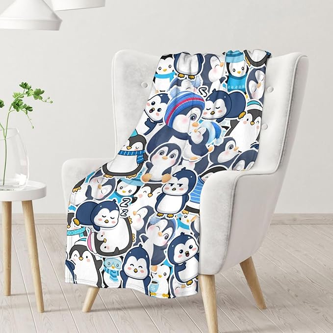 Penguin Gifts for Adult - 60" x 80" Inches Cute Penguin Blanket for Girls - Blue Lightweight Furry Throws for Sofa, Bed & Living Room