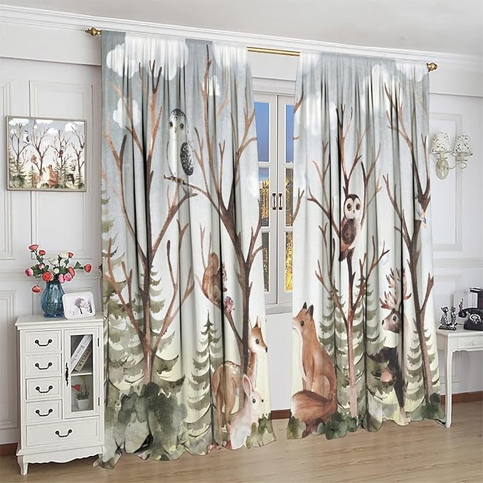 Forest Curtains, Cartoon Woodland Animals Tree Birds Moose Rabbit Mushroom Print Pattern Kids Bedroom Window Treatments Curtains 52x84in, Style-8