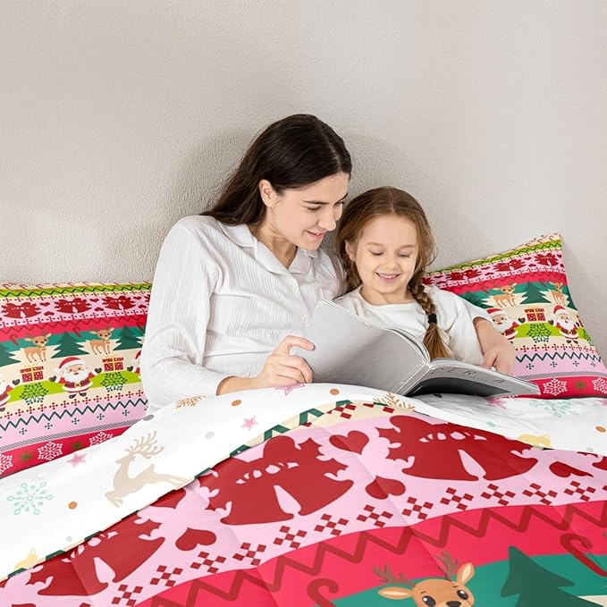Feelyou Merry Christmas Comforter Set Toddler Size Santa Claus Bedding Set for Kids Boys Girls Cute Deer Duvet Quilt Snowflake Bedroom Decor Microfiber 2 Pcs with 1 Pillow Cases