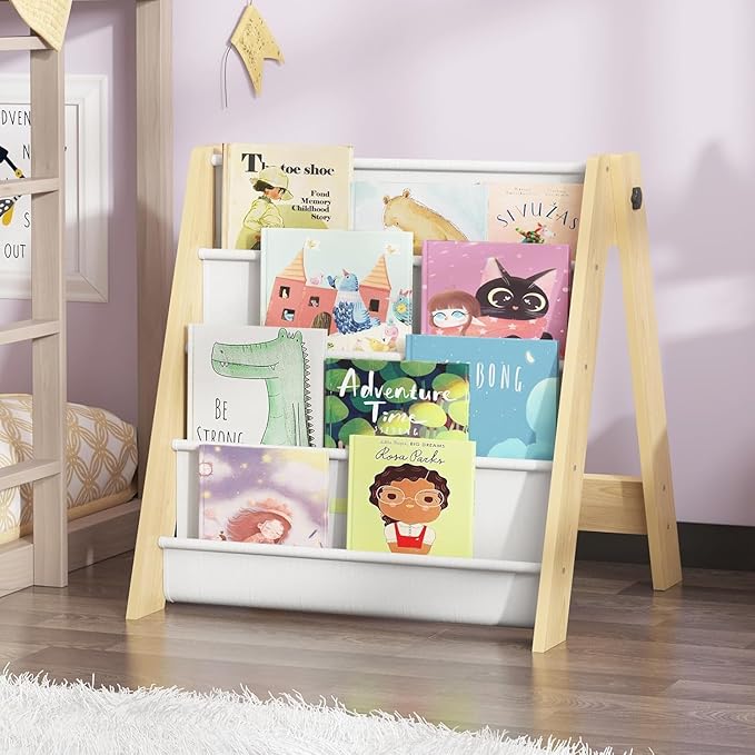 NACHES Montessori Kids Bookshelf Fabric Sling Pockets – Front Facing Toddler Book Display and Toy Storage Organizer for Nursery Playroom or Bedroom 23" Wide (Burlywood, Small)