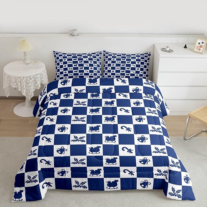 Feelyou Christmas Comforter Set All Season Checkered Pattern Bedding Set with 2 Pillow Cases Holiday Theme Kids Full Bedclothes Xmas Decor Room Decor Blue Duvet Quilt Breathable Soft Lightweight