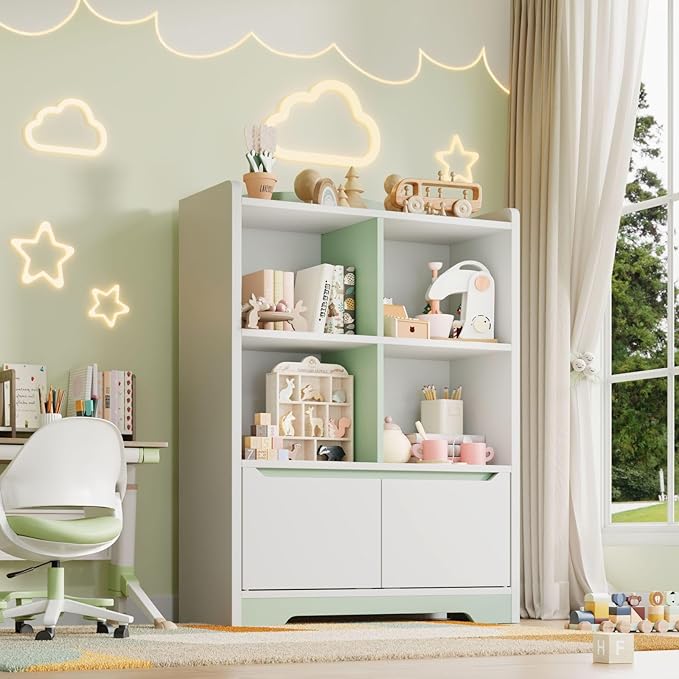 Kids Bookshelf and Toy Organizer, 2 Tier Kids Book Shelf for Kid Rooms with 2 Doors, 4 Cubes Storage Organizer,Wood Children Bookcase,Freestanding Toddler Book Display Shelf for Playroom