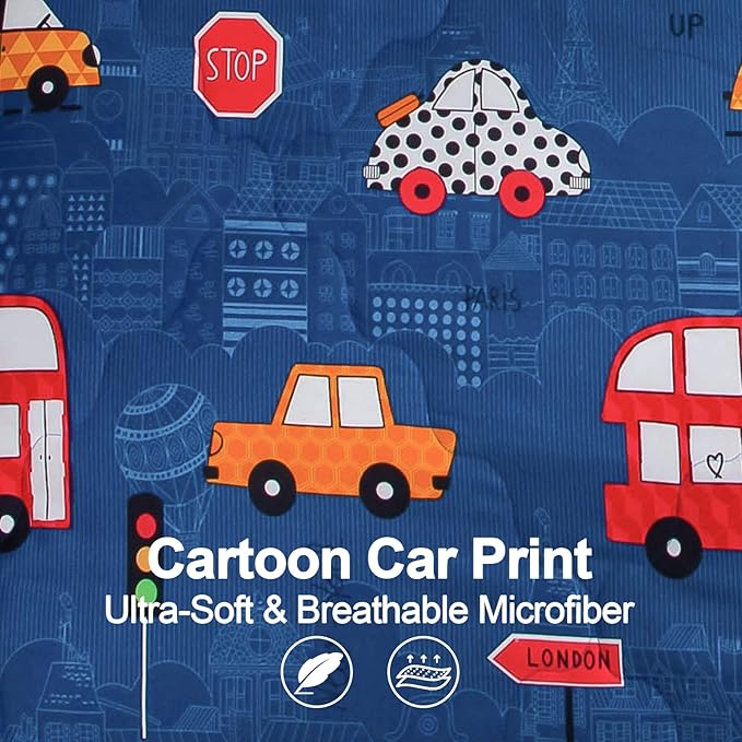 Wajade Cartoon Cars Comforter Set Bed in A Bag Queen Size Colorful Cars Bus Van Traffic Lights Bedding Set for Boys Kids (1 Comforter, 1 Flat Sheet, 1 Fitted Sheet, 2 Pillowcase and 2 Pillow Sham)