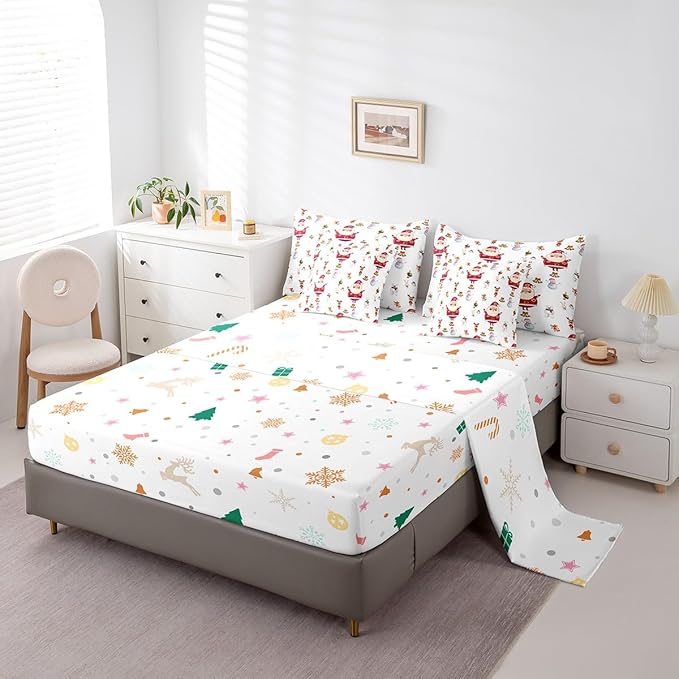 Feelyou Christmas Bed Set Cute Snowman Santa Claus Kids Decorations Bed in a Bag Boys Girls Bear Rabbit Comforter Set with Sheets Christmas Bells Design White Bedding Set Bedding King Size