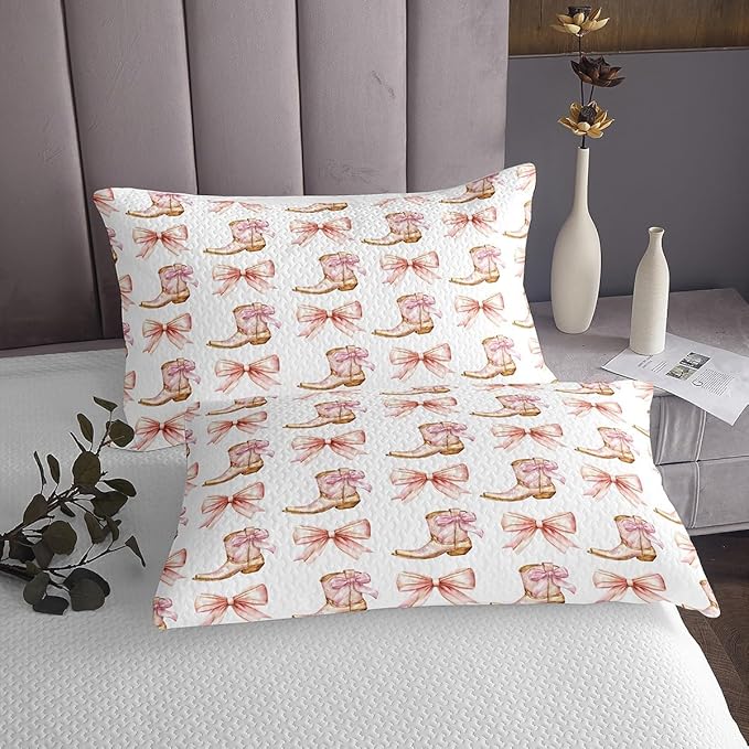 Western Cowgirl Bedspread Twin Size,Pink Bowknot Cowgirl Boots Rustic Farmhouse Coverlet Set,Girls Women Room Decor,Bow Tie Geometric Patchwork Quilted Coverlet,Golden Bedding Quilt,1 Pillowcase