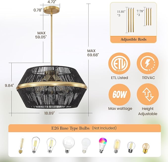 WJShome 5-Light Farmhouse Rattan Chandelier, 19" Black Chandeliers for Dining Room, Rustic Hand Woven Boho Kitchen Island Pendant Lights, for Bedroom Living Room Foyer.