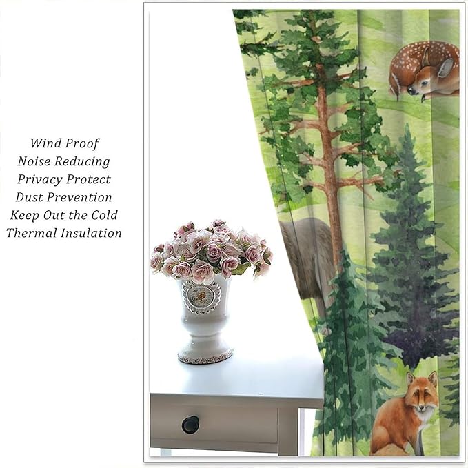 Woodland Animal Curtains, Watercolor Jungle Animals Fox Bear Pattern Blackout Window Treatments, Rod Pocket Thermal Insulated Drapes 2 Panel Sets for Kids Bedroom Nursery Classroom, 72" W X 63" L