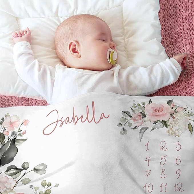 OLIVE OLIVIA Personalized Monthly Baby Milestone Blanket, Baby Months Blanket, Perfect Custom Newborn Gifts,50"x60"