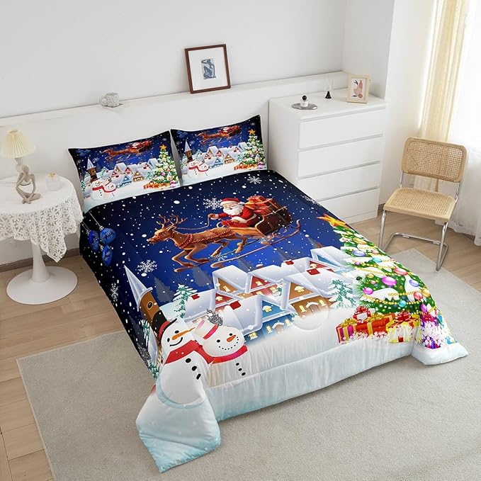 Manfei Christmas Bedding Set Queen Size Snowman Christmas Tree Print Comforter Set Santa Claus with Reindeer Quilt Set 3pcs for Kids Boys Girls Room Decor New Year Theme Duvet Set with 2 Pillowcases