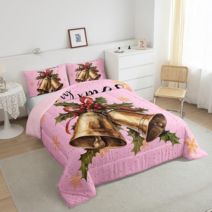 Erosebridal Merry Xmas Kids Queen Comforter Set Christmas Bell Bedding Sets for Girls Happy New Year Theme Down Comforter for Boys Teens Snowflake Quilt Set,Pink
