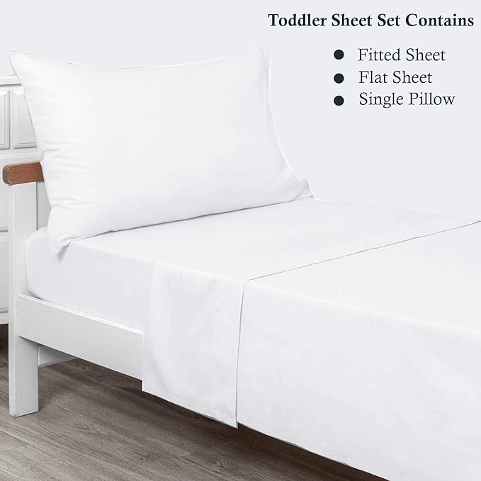PLAIN PRINTED LINEN 3-Piece Toddler Sheet Set, 100% Cotton Fitted Sheet, Flat Sheet and Envelope Pillowcase, Toddler Bed Set, Mini Crib Sheets (White Solid)