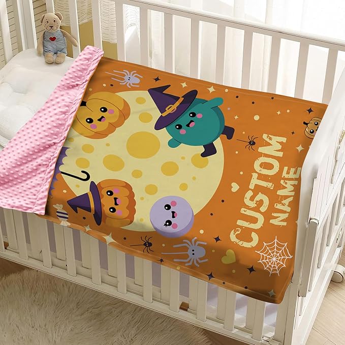 Personalized Halloween Blanket for Baby Boys Girls, Custom Baby Blanket with Name, Pumpkin Pattern Soft Minky Dot Blanket, Halloween Decor Christmas Birthday Gifts for Kids Toddlers