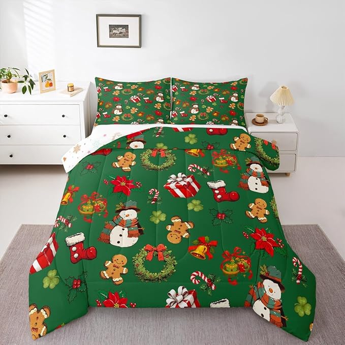 jejeloiu Merry Christmas Comforter Set Queen Size Cute Snowman Bedding Set for Kids Boys Girls Gingerbread Man Duvet Quilt Green Bedroom Decor