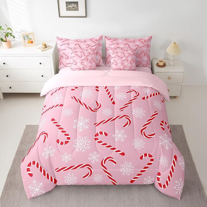 Erosebridal Xmas Candy Cane Queen Bedding Set 7 Piece,Merry Christmas Bed in A Bag for Kids Boys Girls,White Snowflake Comforter Set Pink Christmas Ornaments Sheet Set with Comforter