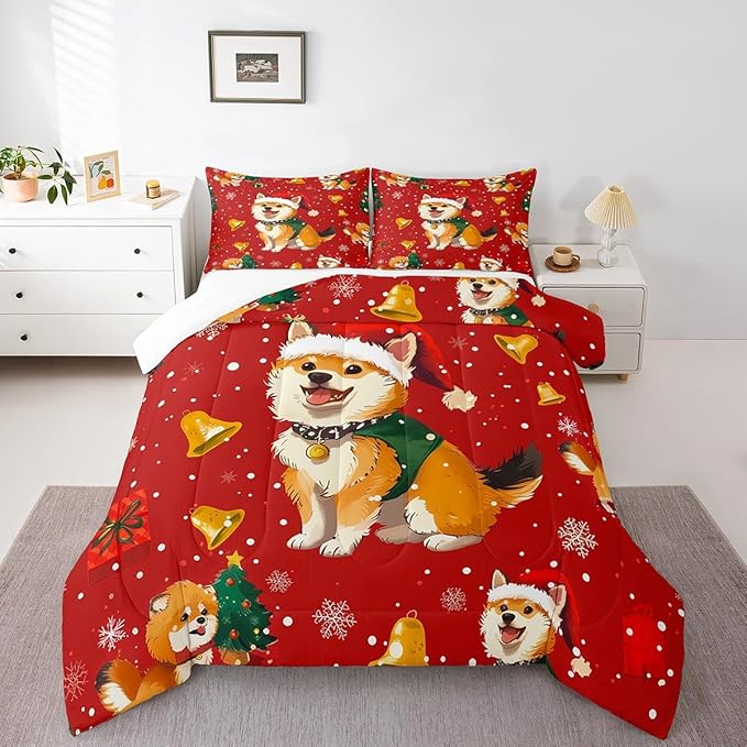 Cartoon Dog Comforter Set King Size,Bell Christmas Tree Star Snowflake Duvet Insert for Kids Boys Girls Room Decor,Cute Corgi Xmas Theme Bedding Set 3Pcs,Merry Christmas Red Quilt Set,2 Pillowcases