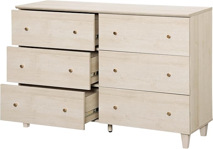 WAMPAT Dresser with 6 Drawers for Bedroom, Wooden Kids Dressers with Wide Chest of Drawers, Modern Closet Storage Organizer with Solid Wood Legs for Living Room, Hallway, Nursery, Light Oak