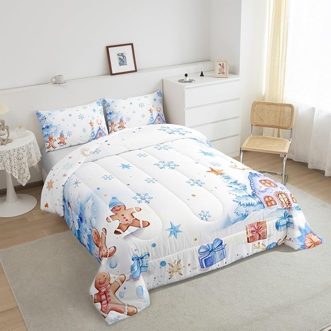 jejeloiu Kids Christmas Theme Comforter Set Full Size Blue Xmas Gingerbread Man Bedding Set for Boys Girls Teens Candy House Snowflake Winter Happy New Year Duvet Quilt Room Decor