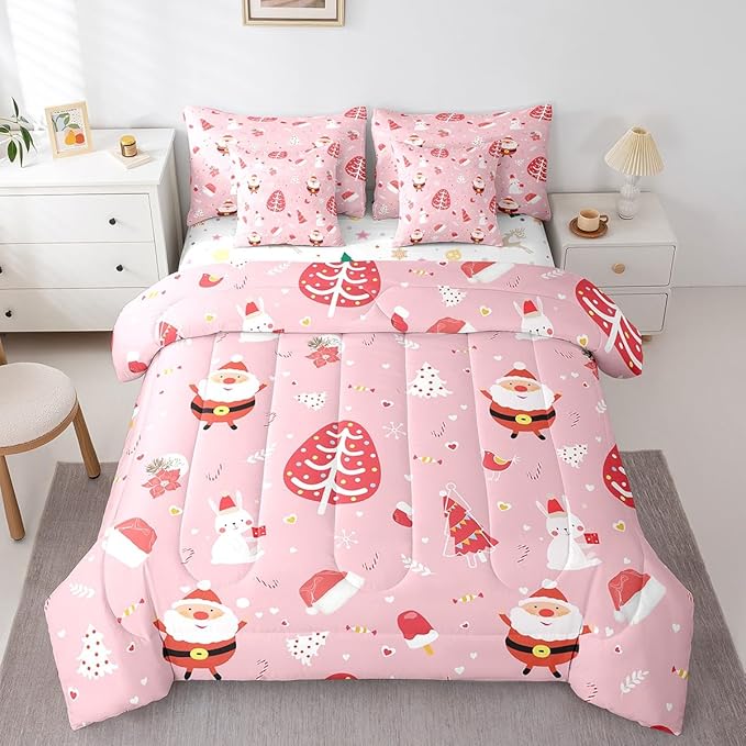 Feelyou Santa Claus Bed in a Bag Cute Rabbit Kawaii Pink Comforter Set with Sheets for Kids Boys Girls Decor Merry Christmas Bed Set Girly Pink Bedding Set Bedroom Collection Twin Size