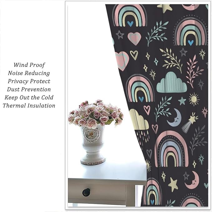 Boho Rainbow Curtains for Kids Nursery Colorful Floral Sun Star Clouds Pastel Bohemian Pattern Print Window Drapes for Girl Bedroom Living Room Kitchen Decor,2 Panel Set,42Wx63H Inch Blackout