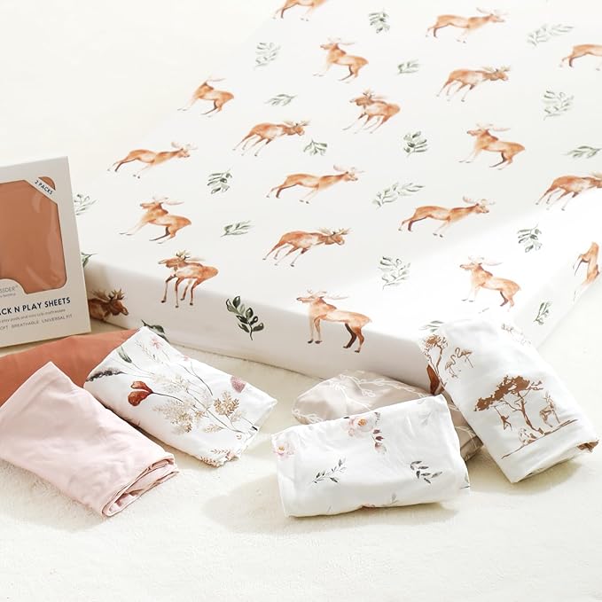 Stretchy Ultra Soft Jersey Knit Fitted Pack n Play Sheets Set 2 Pack, Portable/Mini Crib Sheets for Girls, Universal Fit for Pack N Plays Safe and Snug, Dream Print