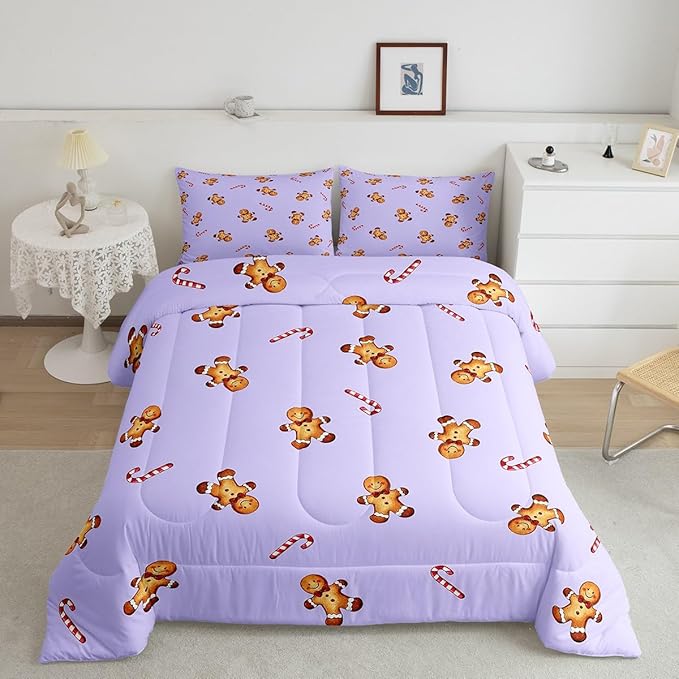 jejeloiu Kids Cute Gingerbread Man Comforter Set King Size Christmas Theme Bedding Set for Boys Girls Teens Xmas Candy Cane Happy New Year Purple Duvet Quilt Room Decor