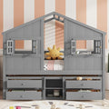 Harper & Bright Designs Full Size House Loft Bed with 4 Storage Drawers, Low House Montessori Bed with Roof and Windows, Safety Guardrails for Kids, Girls, Boys, Grey
