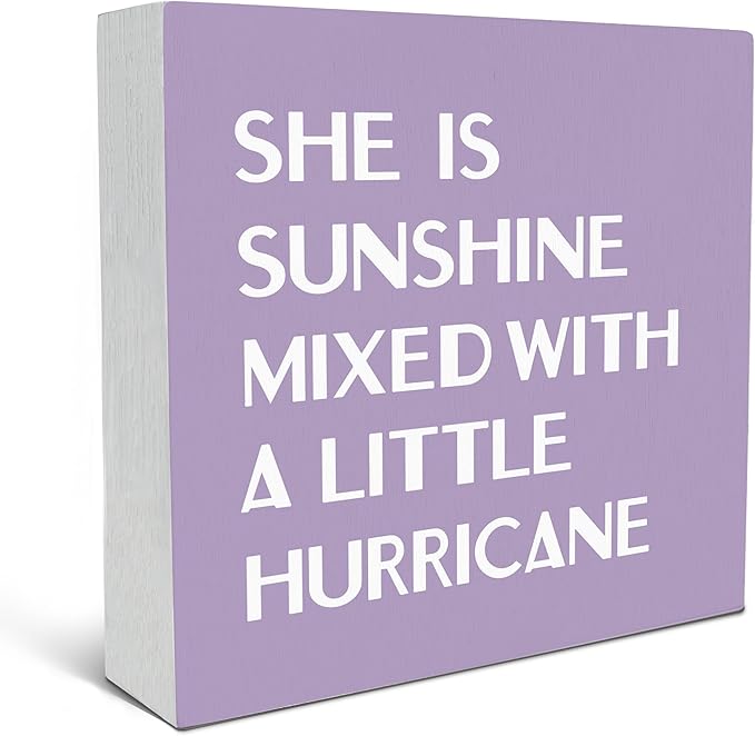 SRADMO She Is Sunshine Mixed with a Little Hurricane Boho Purple Wood Box Sign Desk Decor, Baby Girls Inspirational Wooden Box Decor for Girls Room Nursery Playroom Shelf Table Decorative Accessories