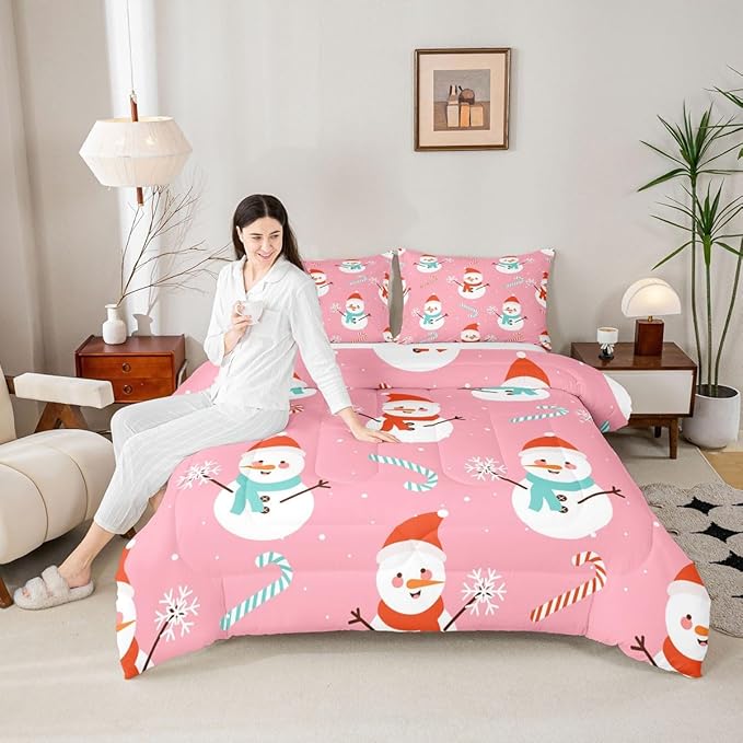 Feelyou Pink Christmas Bedding Set Soft for Boys Girls, Snowman Comforter Set Queen Size Snowflake Duvet Quilt Microfiber Candy Cane Bedroom Decor 3 Pcs with 2 Pillow Cases