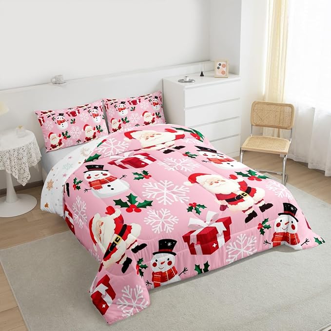 jejeloiu Merry Christmas Comforter Set Full Size Xmas Santa Claus Bedding Set for Kids Boys Girls Cute Snowman Duvet Quilt Pink Bedroom Decor
