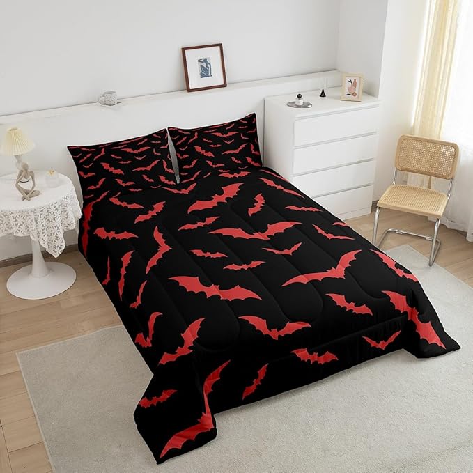 Erosebridal Bat Bedding Set Halloween Comforter Set with 2 Pillow Cases Red Bats Animals Quilt King Size for Kids Boys Bedroom Holiday Gothic Spooky Style Quilt