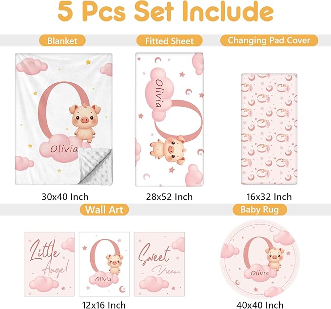 Custom Baby Bedding Set, 5 Pcs Personalized Baby Crib Sets with Name, Toddler Bedding Set for Baby Girls Boys, Pink Pig Double Layer Nursery Bedding Set, Customized Gift for Infant New Parents