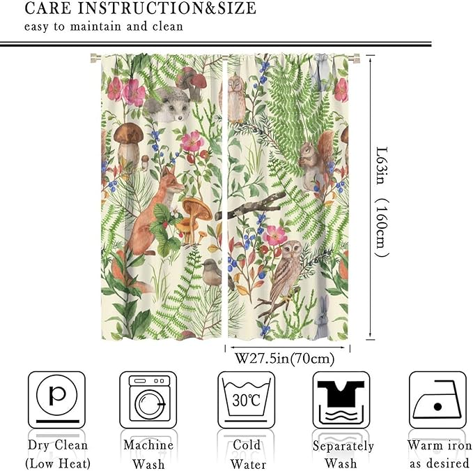 Forest Animal Curtains, Kids Rustic Wild Animal Window Treatments Watercolor Cute Woodland Fox Hedgehog Window Drapes for Nursery Toddler Bedroom 55x63in