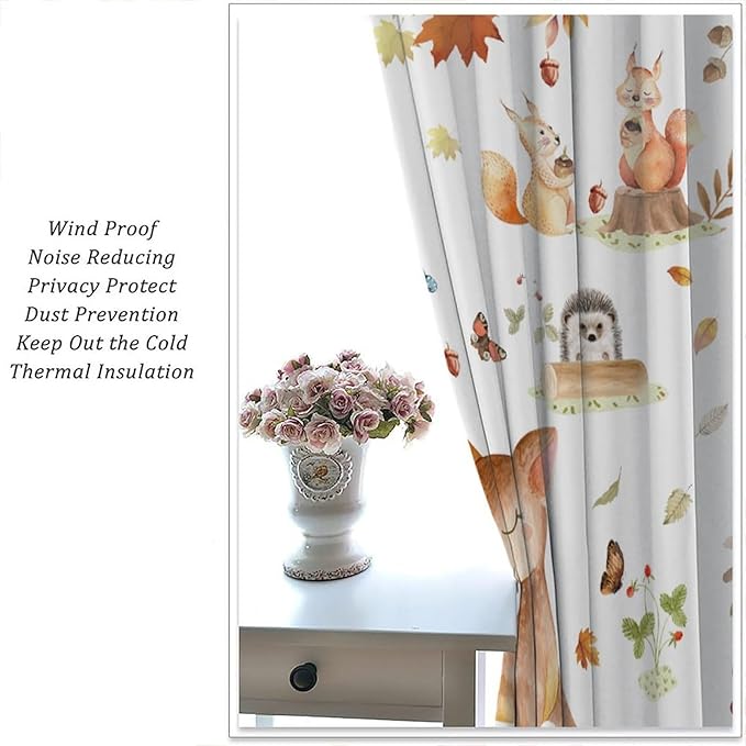 Fall Animails Curtains for Kids, Rustic Cute Woodland Wild Animal Window Treatments Watercolor Autumn Leaves Cartoon Fox Deer Window Drapes for Nursery Toddler Bedroom 42x45in(Decor)