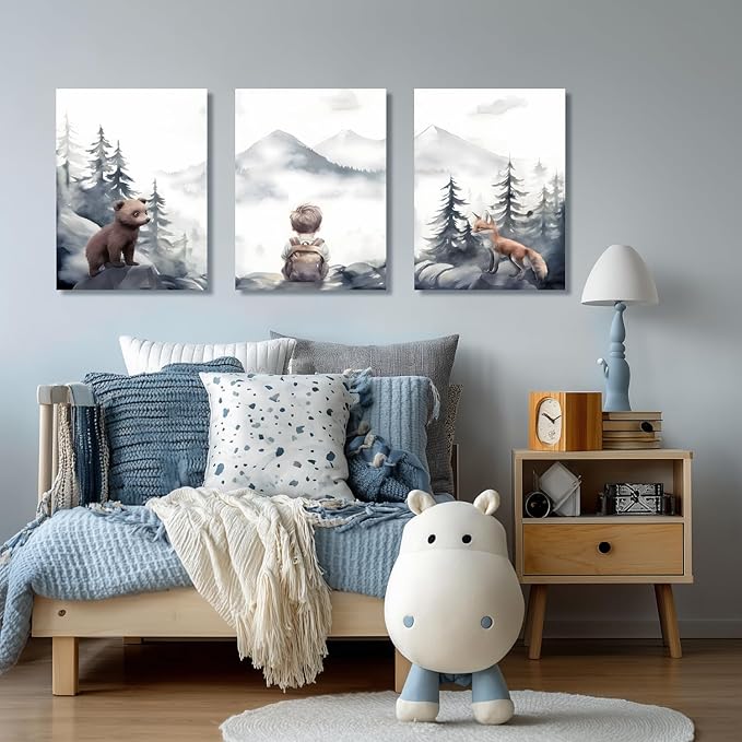 Cyebmo Framed Woodland Boy Nursery Wall Art Set of 3, Whimsical Boy Adventure Wall Decor, Mountain Forest Animal Bear Fox Wrapped Canvas Artwork for Classroom Kids Room Baby Nursery 16"x24"x3