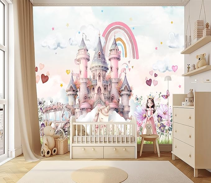 XMPMBM-Pink Cartoon Citadel Nursery Room Fabric Wallpaper Girls Bedroom Wall Mural-W 132" X H 92"（93 Square Foot）