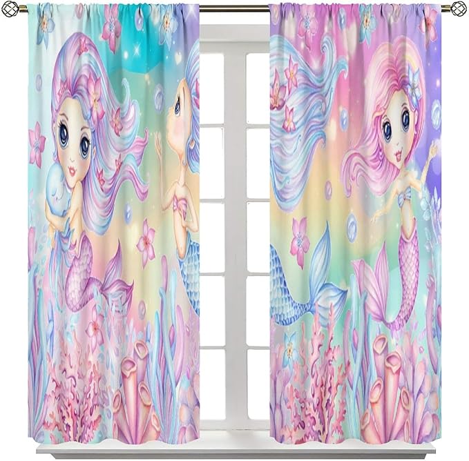 Cartoon Mermaid Kids Curtain Fantasy Ocean Theme Coral Flower Floral Window Treatment for Kids Girls Bedroom Nursery Room Decor Rod Pocket Blackout Window Drapes 52x84in