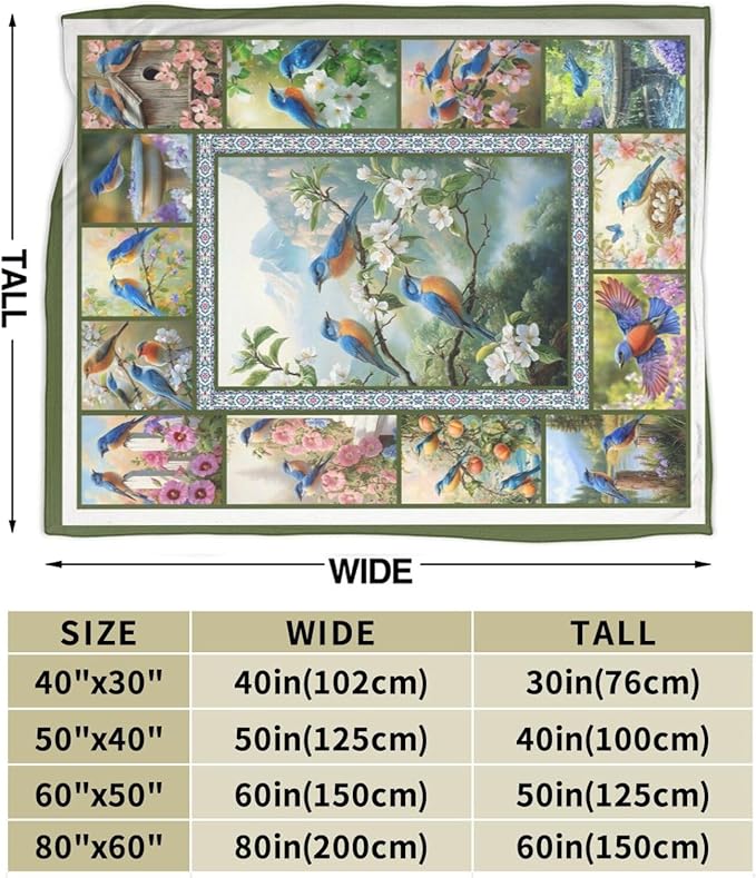 Blue Hummingbirds Blanket Moutain Flowers Bird Throw Blankets Gifts for Girls Boys Women Cozy Warm Soft Fuzzy Flannel Throw Plush Stuffed Animal Fleece Gifts for Kids Men Women for Sofa Bed 50" x60"
