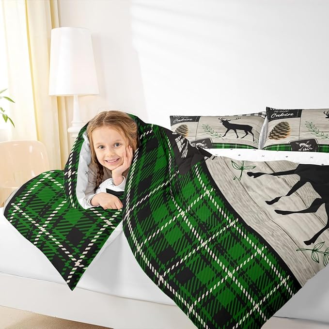 Deer Silhouette Kids Comforter Set King Size,Old Plank Leaves Bedding,Girls Boys Adults Bedroom/Xmas Cabin Decor,Geometric Grid Plaid Retro Down Comforter,Rustic Farmhouse Duvet Insert,2 Pillowcases