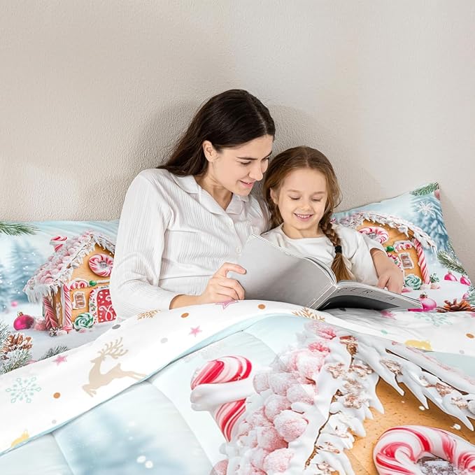 Feelyou Christmas Snowscape House Landscape Bedding Set Soft for Boys Girls,Gingerbread House Comforter Set Twin Size Candy Canes Duvet Quilt Pine Branches Bedroom Decor 2 Pcs with 1 Pillow Cases