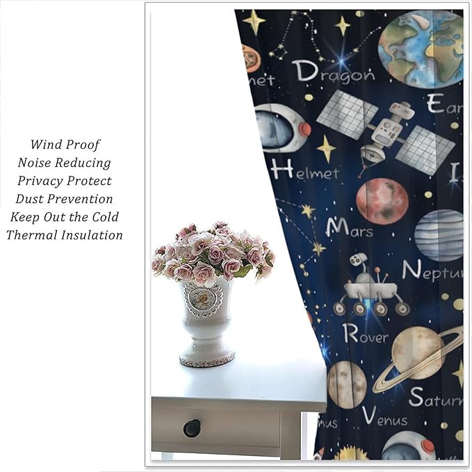 Cartoon Kids Alphabet Astronaut Curtain，Retro Cute Cosmic Galaxy Letter Printed Rod Pocket Blackout Window Treatments for Boys Girls Bedroom Living Room School 42" W X 45" L
