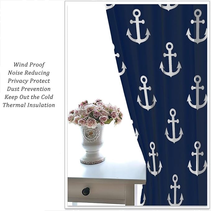 Nautical Costal Curtains,MarineThemed Oceanic Anchor Pattern Blackout Print Home Bedroom Living Room Window Treatments 2 Panel Set 42x54 Inch