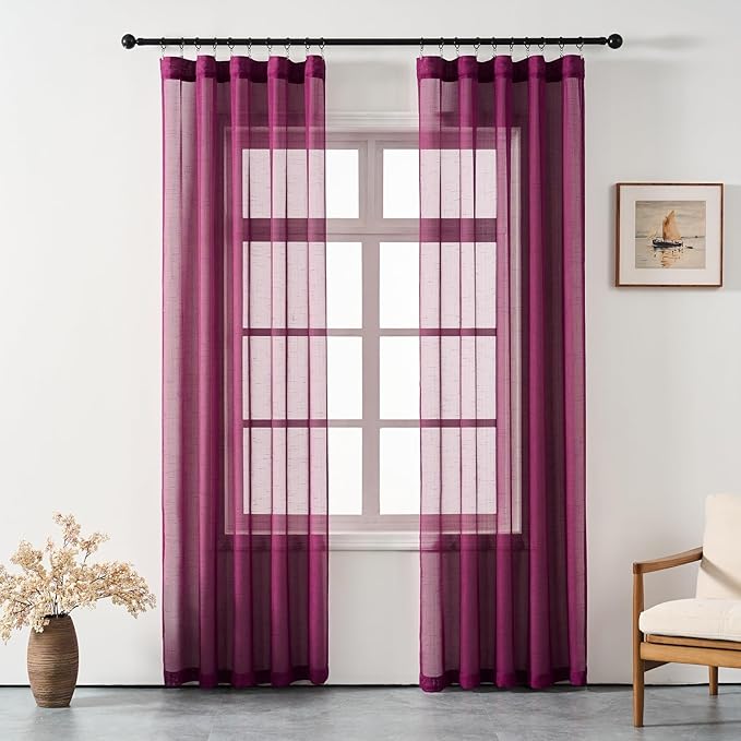 Plum Purple Curtains Sheer 102 Inch Long, Dark Linen Look Textured Light Filtering Drapes, Rustic Eggplant Transparent Window Decor, Floor to Ceiling Pinch Pleat Curtain with Hooks