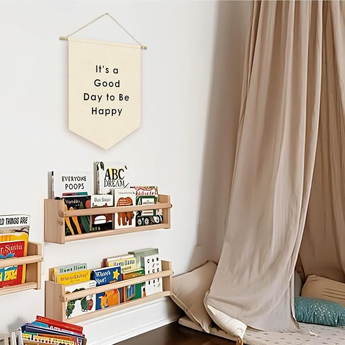 It's a Good Day to Be Happy Canvas Banner Flag - Inspirational Wall Decor for Kids Nursery, Toddler Reading Corner Nook Classroom Library, Wall Hanging Pennant Flag 15x11in