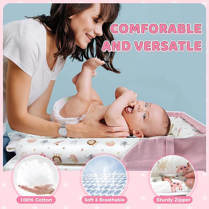 Baby Lounger for Newborn 0-24 Months, Portable Infant Lounger with Soft Breathable Cotton, Adjustable Size Lengthen Space Lightweight & Washable Essentials for Home (2. Pink Animal World)