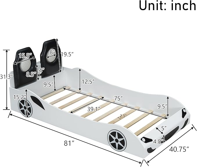 Bellemave Wood Twin Size Race Car-Shaped Platform Bed with LED and Upholstered Backrest, Kid's Platform Bed Frame with Race Car-Shaped and Safety Guardrails for Kids, Boys, Girls.(White)